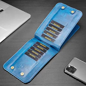 Funda de cuero azul para teléfono con múltiples ranuras y botones de presión metálicos.
