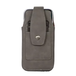 Holster de teléfono vertical de cuero PU gris con ranura para tarjetas detalle de botón