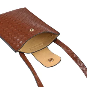 Borsa Tracolla Telefono Pelle Intrecciata 6.9 Pollici Custodia Smartphone Marrone