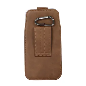 Funda de teléfono vertical de cuero PU marrón con presilla para cinturón y mosquetón