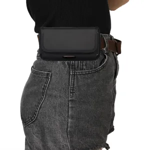 Detailed view of black nylon phone waist pouch worn on belt, durable utility holster design.