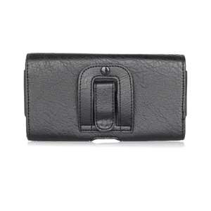Schwarze Leder Handytasche horizontal mit Gürtelclip und Schlaufe für Universal Smartphones.
