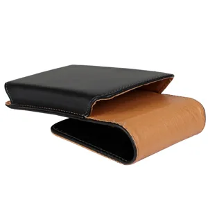 Vista detallada de la funda de teléfono vertical en cuero con costuras finas y hermoso diseño bicolor.