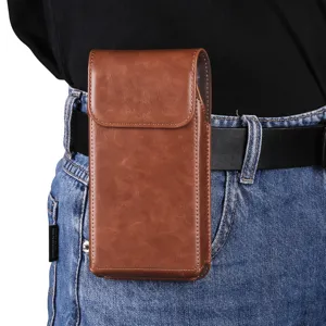 Universal vertical leather phone holster waist bag for large smartphones brown pouch case