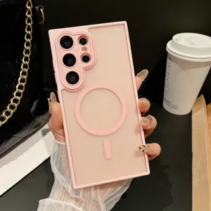 Pink magnetic frosted phone case compatible with Samsung Galaxy, sleek and protective.
