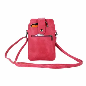 Roze lederen crossbody tas voor mobiele telefoons met verstelbare riem en handig ritsvak.