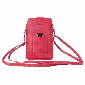 Roze lederen telefoon crossbody tas detail, stijlvolle en compacte etui met kaartsleuf.