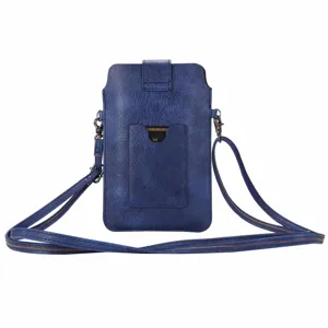 Blauwe PU lederen telefoon crossbody tas met kaartsleuf en verstelbare schouderriem.