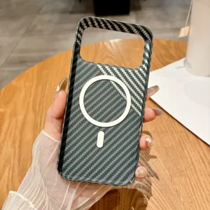 Carbon fiber texture phone case detail view, featuring built-in magnetic ring for easy use.