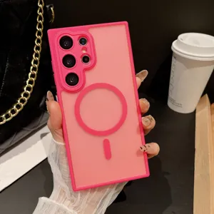 Pink magnetic phone case compatible with Samsung Galaxy, matte translucent back cover, wireless charge.