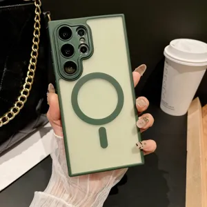 Green magnetic frosted phone case detail showing camera cutout and wireless charging ring.