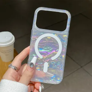 Funda para teléfono magnética con purpurina en acrílico holográfico, protección anticaída.