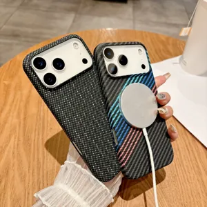 Close-up detail of MagSafe phone case with carbon fiber and dotted texture, hard PC back.