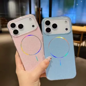 Close-up of glitter magnetic phone cases in pink and blue, showing fine ring and glossy finish.