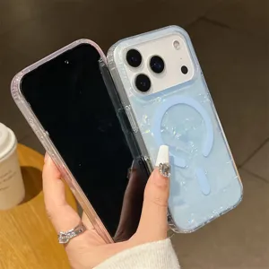Funda de telefono magnetica con diseño de concha brillante para iPhone 16 15 Pro Max