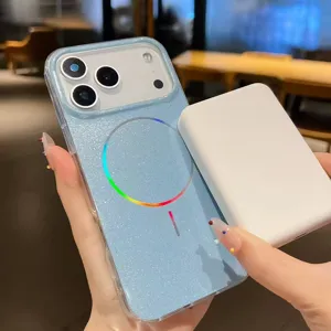 Magnetic glitter phone case detail view showing shiny finish and wireless charging.