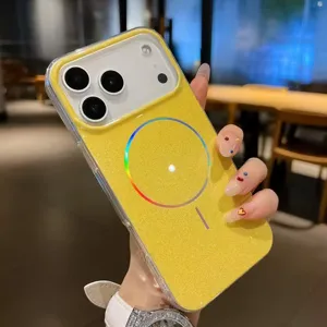 Yellow glitter magnetic phone case with wireless charging ring, stylish protection for mobile.