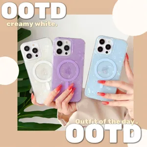 Funda de teléfono magnética con purpurina y efecto concha para iPhone con anillo.