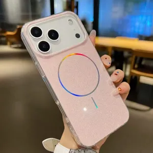 Details of pink glitter magnetic phone case with slim ring design and camera cutouts.