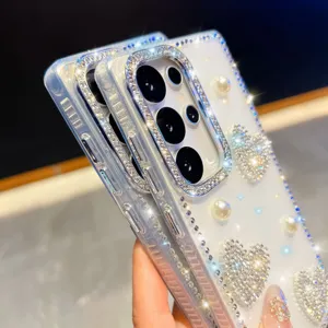 Detailed view of luxury bling rhinestone and pearl heart phone case with sparkling design.