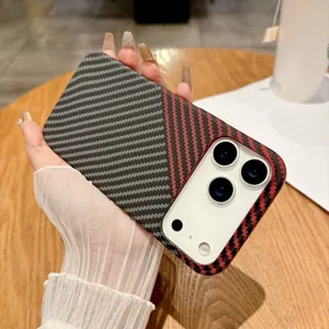 Carbon fiber texture phone case for iPhone 16 Pro Max, stylish black red woven pattern hard cover.