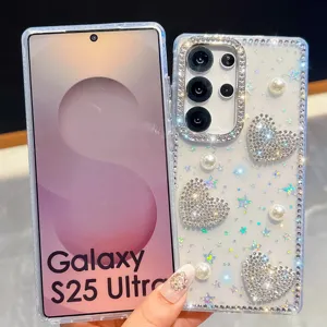 Luxury rhinestone phone case for Samsung Galaxy with sparkling diamonds and elegant pearl decor.
