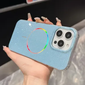 Glitter phone case detail shot showing sparkly light blue finish and colorful magnetic ring design.