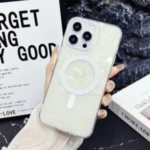 Funda de teléfono magnética con textura de concha brillante para iPhone, transparente con anillo.