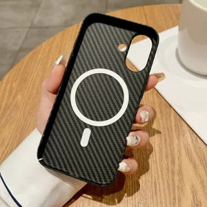 Detailed view of carbon fiber texture phone case with magnetic ring for secure wireless charging.