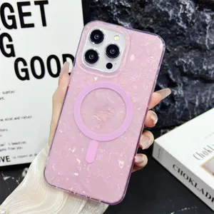 Funda de teléfono magnética con textura de concha brillante rosa para iPhone 15 16 Pro Max