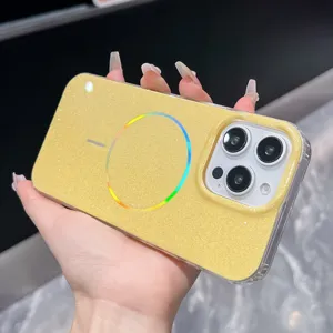 Glitter magnetic phone case detail view, sparkling yellow finish with MagSafe compatible ring.