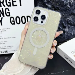 Funda de teléfono MagSafe con purpurina compatible iPhone, diseño brillante, alta protección.