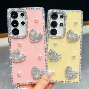 Luxury Glitter Acrylic Phone Case Shockproof Protective Cover With Artificial Pearl Rhinestone Heart Decorative Bowknot Pattern Smooth Edge Back Shell