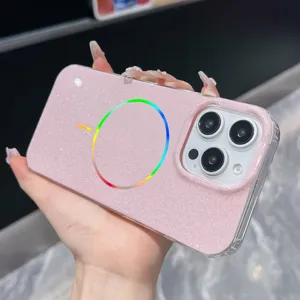 Pink glitter phone case detail with colorful magnetic ring, premium protective back cover.