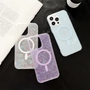 Funda de teléfono magnética con textura de concha brillante para iPhone, protección anticaída.