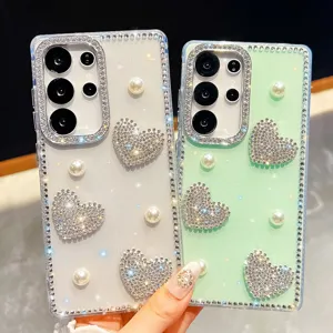 Rhinestone pearl phone case close-up, sparkling heart design, luxury phone accessory detail.