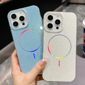 Glitter phone case with magnetic ring, IMD double-sided film design for smartphone detail view.