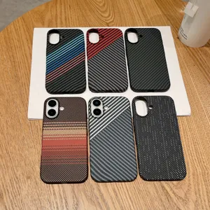 Carbon fiber texture phone case compatible with iPhone 16 15 Pro Max hard PC back cover.