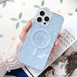 Funda de teléfono magnética con textura de concha con purpurina azul para iPhone 16