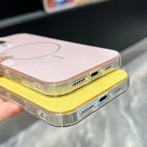 Glitter IMD phone case with magnetic ring, double-sided coating, stylish transparent TPU design.