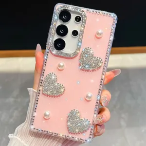 Pink rhinestone pearl phone case for luxury sparkling cute heart design back cover sleek