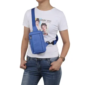 Nylon crossbody chest bag detail view, casual outdoor phone pouch wearing scene, blue color.