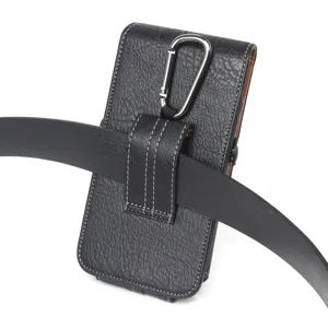 Close-up detail of black textured leather phone holster, featuring belt loop and metal carabiner.