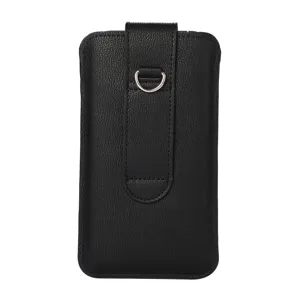 Vertical black lychee grain phone holster pouch with belt loop and D-ring, detail view.