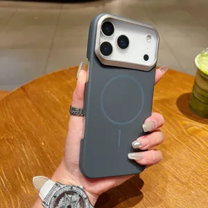 Detailed view of the slim magnetic phone case with metal camera protection and matte grey finish.