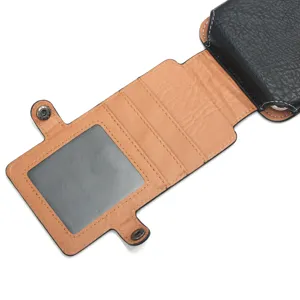 Multifunctional leather phone pouch card holder with ID window and snap button closure detail.