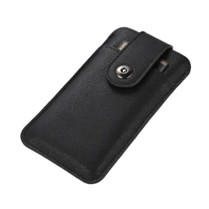 Vertical black leather phone holster case with card slots and secure snap button closure.