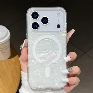 Funda de teléfono magnética con textura de concha nacarada y carga inalámbrica para iPhone.
