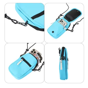 Borsa a tracolla multifunzionale azzurro chiaro per telefono con cinturino e tasca con zip.