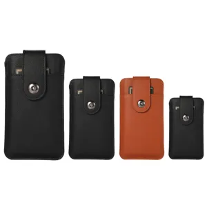 Vertical leather phone holster pouch with card slot and snap button design for various sizes.